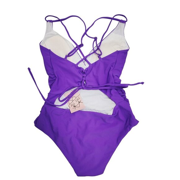 Purple One-Piece Swimsuit Cross Strap  Detailing  Adjustable Ties  All Sure SZ L - Picture 2 of 8